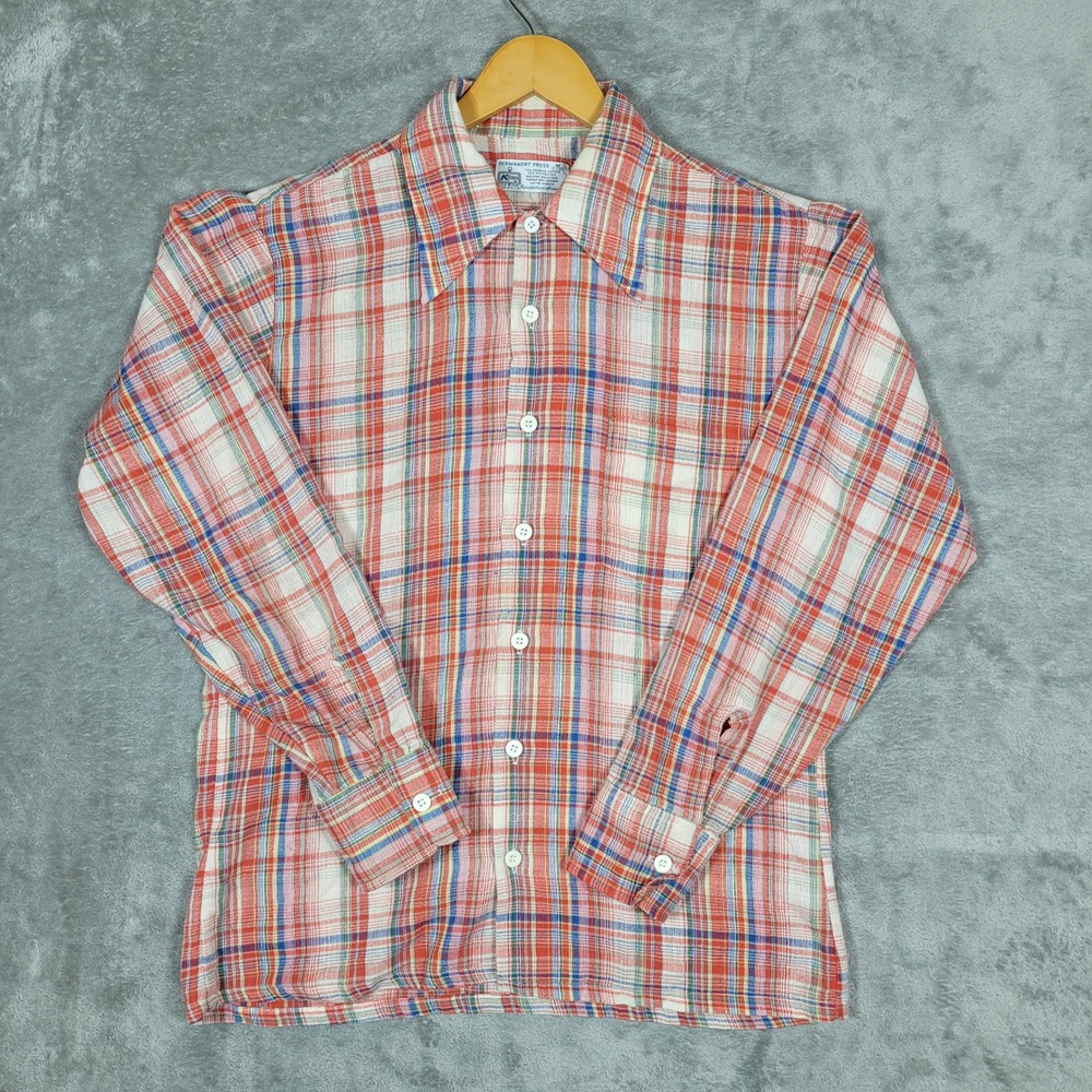 Vintage Kmart Shirt Mens M Red Green Blue Plaid Long Sleeve Button Up Disco 70s